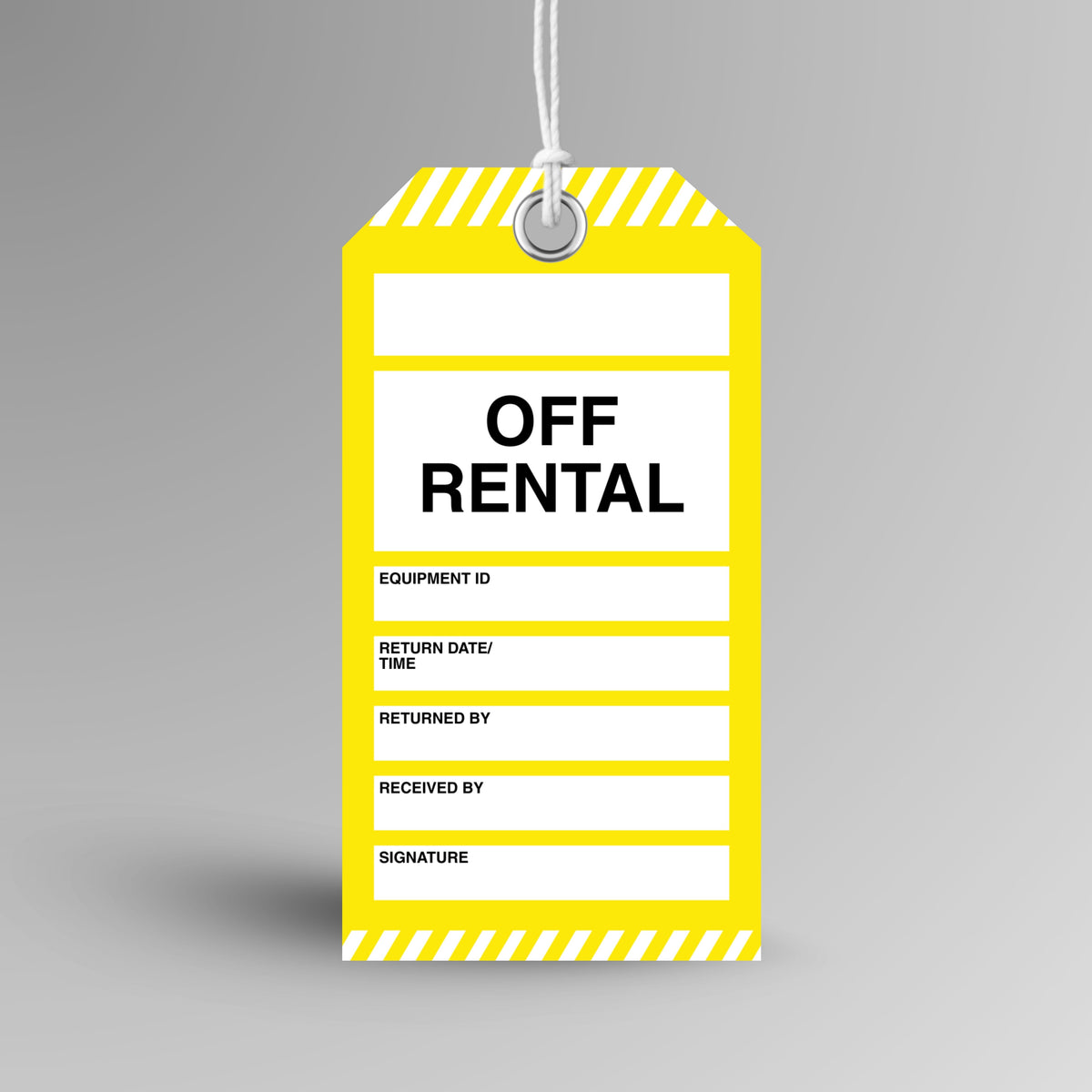 Brute Safety Products BST 128 Off Rental safety tag, 75x145mm, with yellow body and yellow and white diagonal stripe header and footer, showing off rental header and fields for equipment ID, return date and time, returned by, received by and signature.