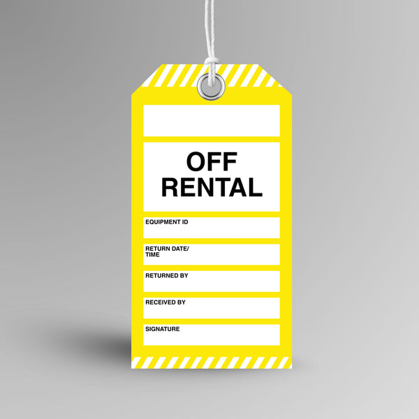 Brute Safety Products BST 128 Off Rental safety tag, 75x145mm, with yellow body and yellow and white diagonal stripe header and footer, showing off rental header and fields for equipment ID, return date and time, returned by, received by and signature.