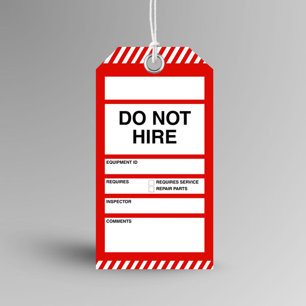 Brute Safety Products BST 129 Do Not Hire safety tag, 75x145mm, with red body and red and white diagonal stripe header and footer, showing do not hire header and fields for equipment ID, requires service or repair parts checkboxes, inspector and comments.