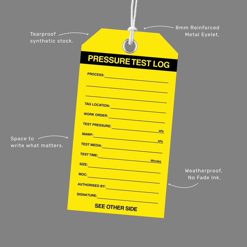 Brute Safety BST 130 Pressure Test Log tag shown at an angle with callout labels highlighting tearproof synthetic stock, 8mm reinforced metal eyelet, space to write what matters, and weatherproof no fade ink.