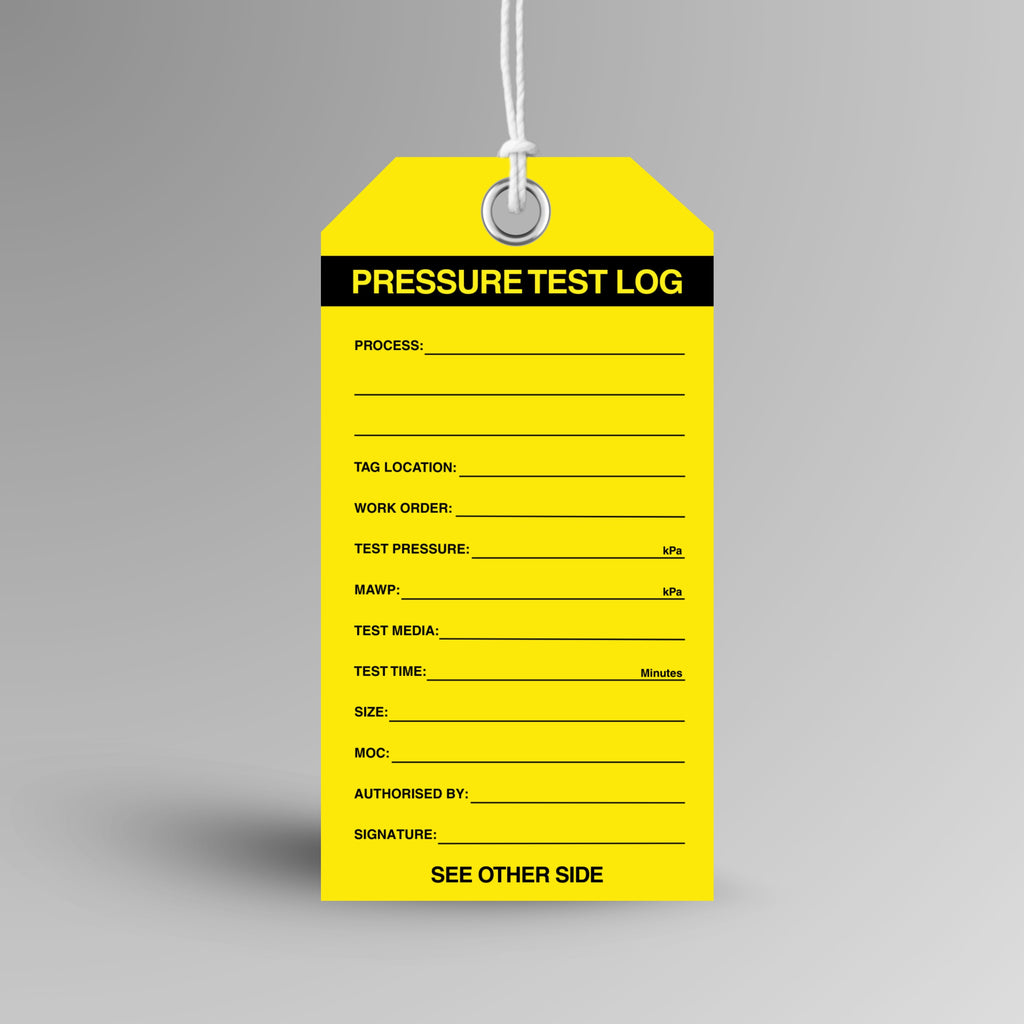 Brute Safety Products BST 130 Pressure Test Log safety tag, 75x145mm, with yellow body and black Pressure Test Log header panel, showing fields for process, tag location, work order, test pressure in kPa, MAWP in kPa, test media, test time in minutes, size, MOC, authorised by and signature.
