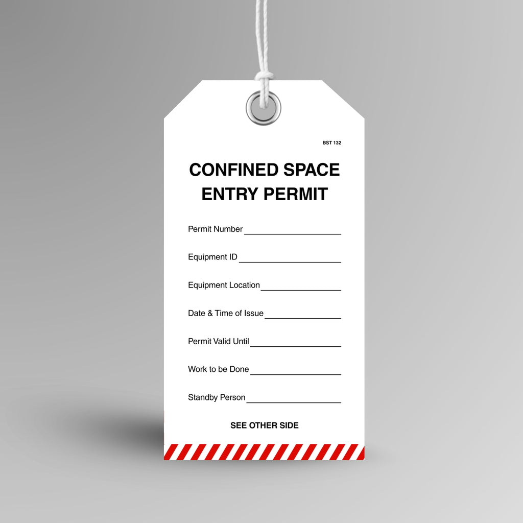 Brute Safety Products BST 132 Confined Space Entry Permit safety tag, 75x145mm, with white body and red and white diagonal stripe footer, showing confined space entry permit header and fields for permit number, equipment ID, equipment location, date and time of issue, permit valid until, work to be done and standby person.