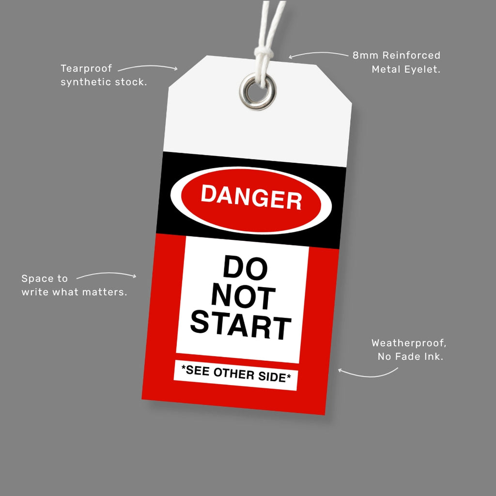 BST 001 safety tag benefits callout highlighting LOTO compliance and equipment isolation features