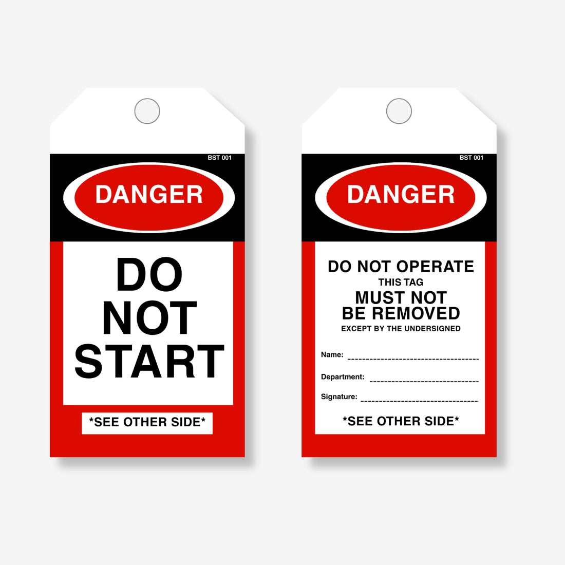 BST 001 Danger Do Not Start safety tag layflat view displaying text fields and danger warning details