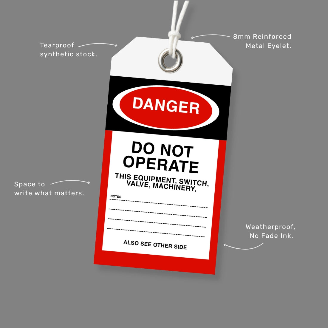 BST 002 safety tag benefits callout highlighting lockout tagout system integration and hazard control