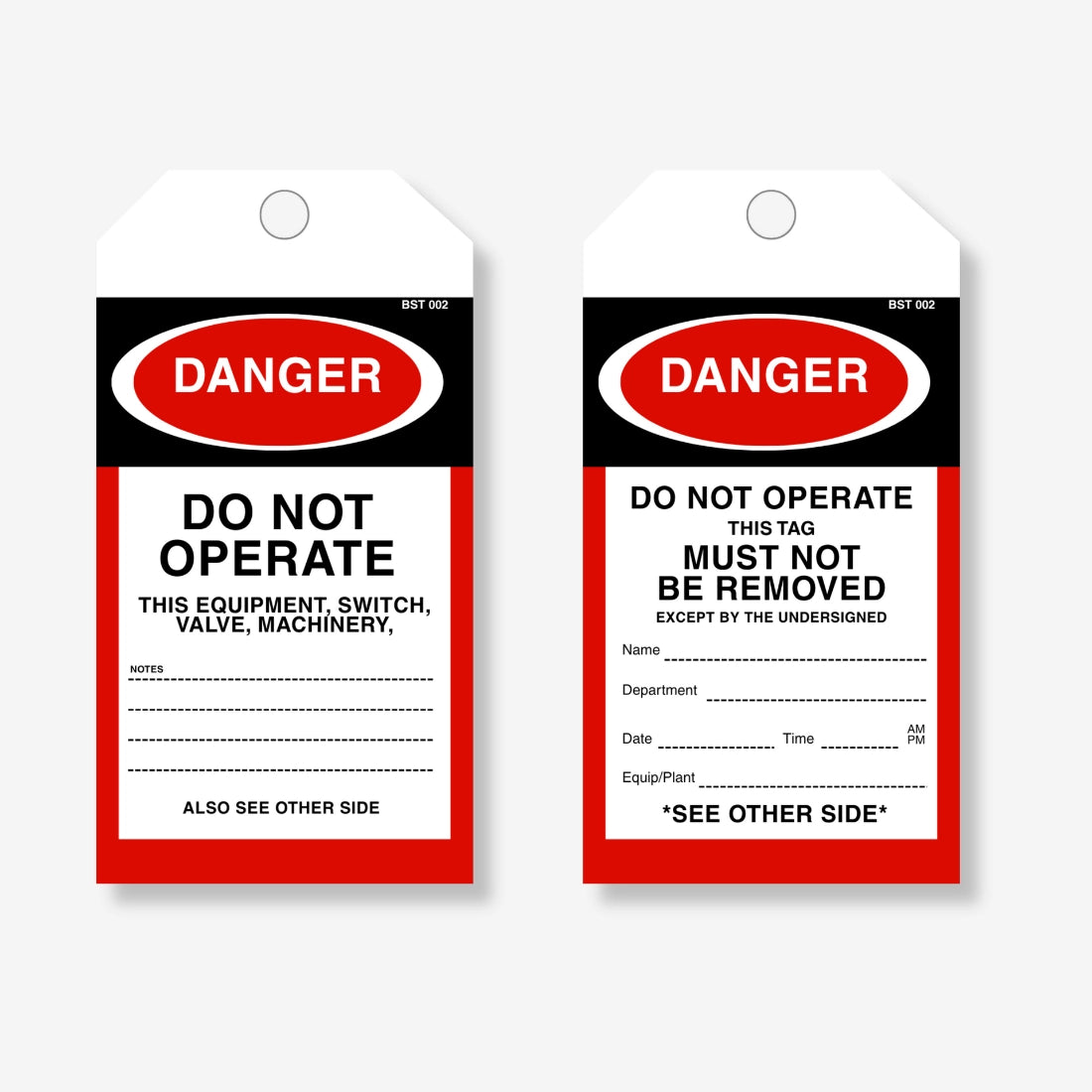 BST 002 Danger Do Not Operate safety tag layflat view displaying text fields and danger warning details