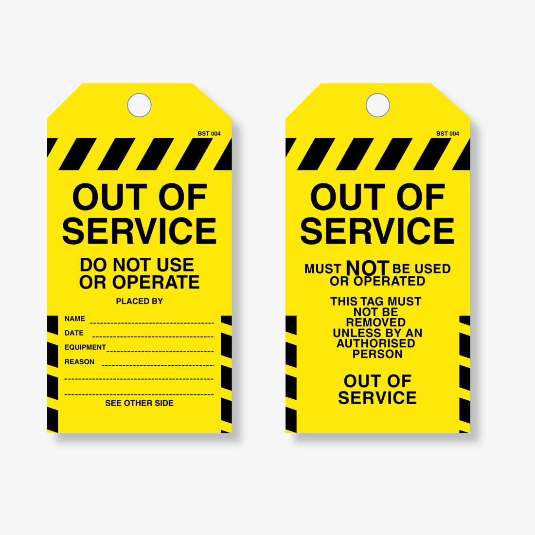 BST 004 Out of Service safety tag layflat view displaying text fields for equipment status documentation