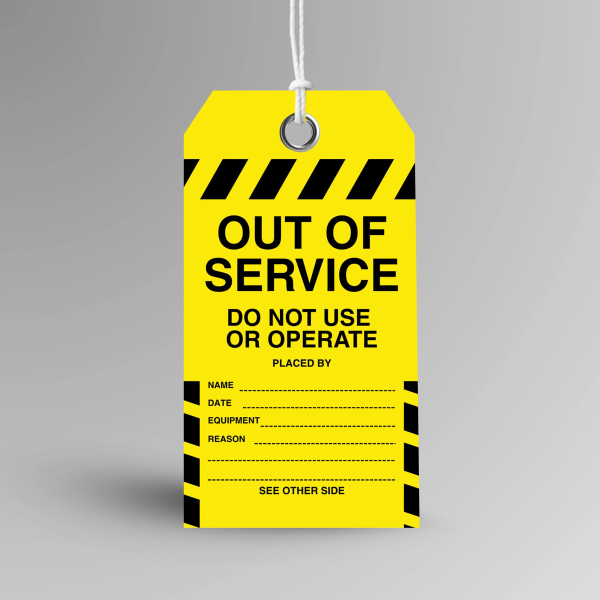 BST 004 Out of Service safety tag in yellow, upright view showing complete tag design by Brute Safety Products