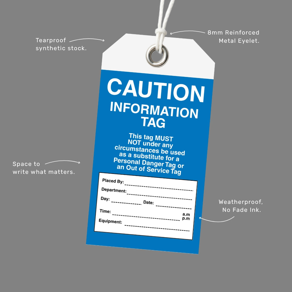 BST 005 safety tag benefits callout highlighting worker alert system and caution level warnings