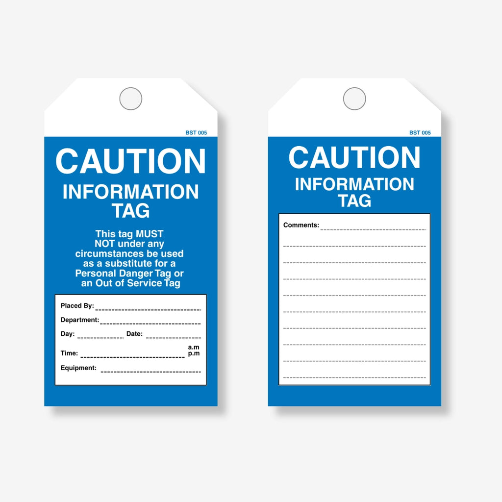 BST 005 Caution Information safety tag layflat view displaying text fields for hazard communication