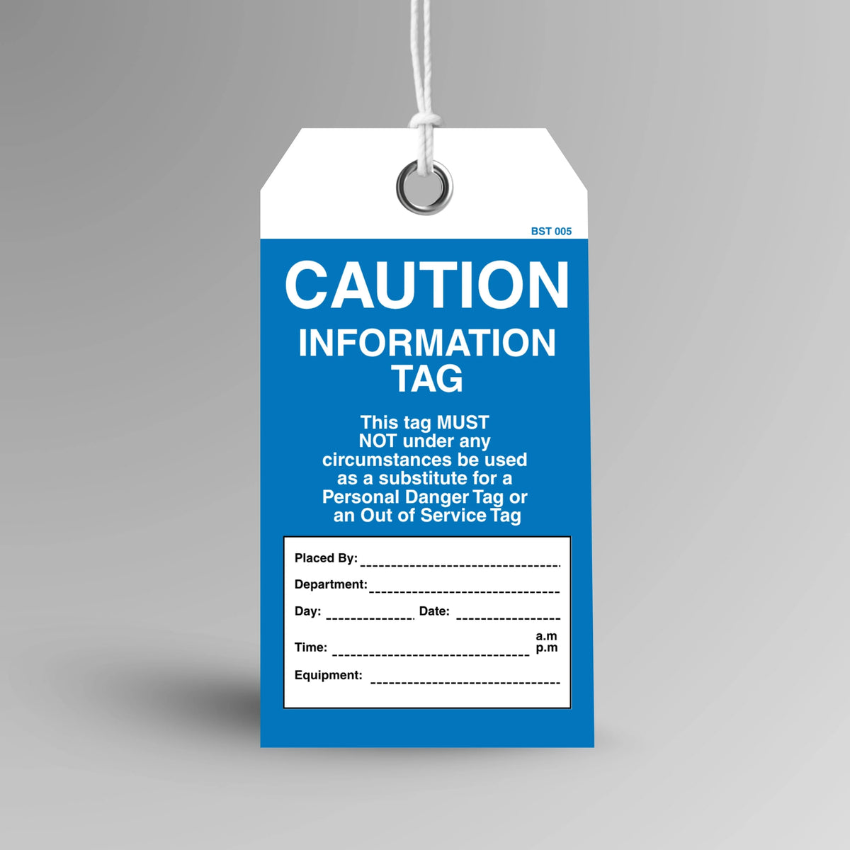 BST 005 Caution Information safety tag in blue, upright view showing complete tag design by Brute Safety Products