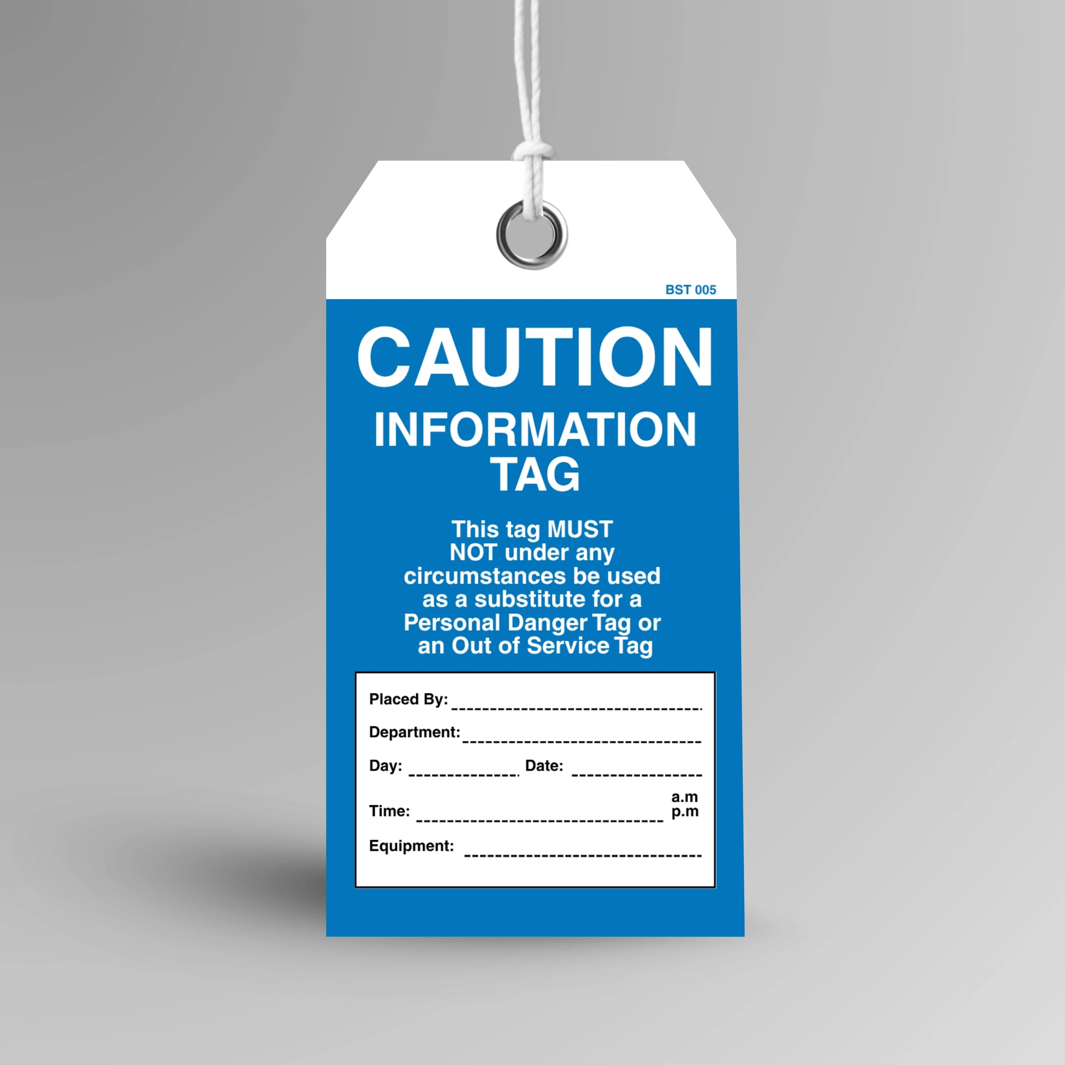 BST 005 Caution Information safety tag in blue, upright view showing complete tag design by Brute Safety Products