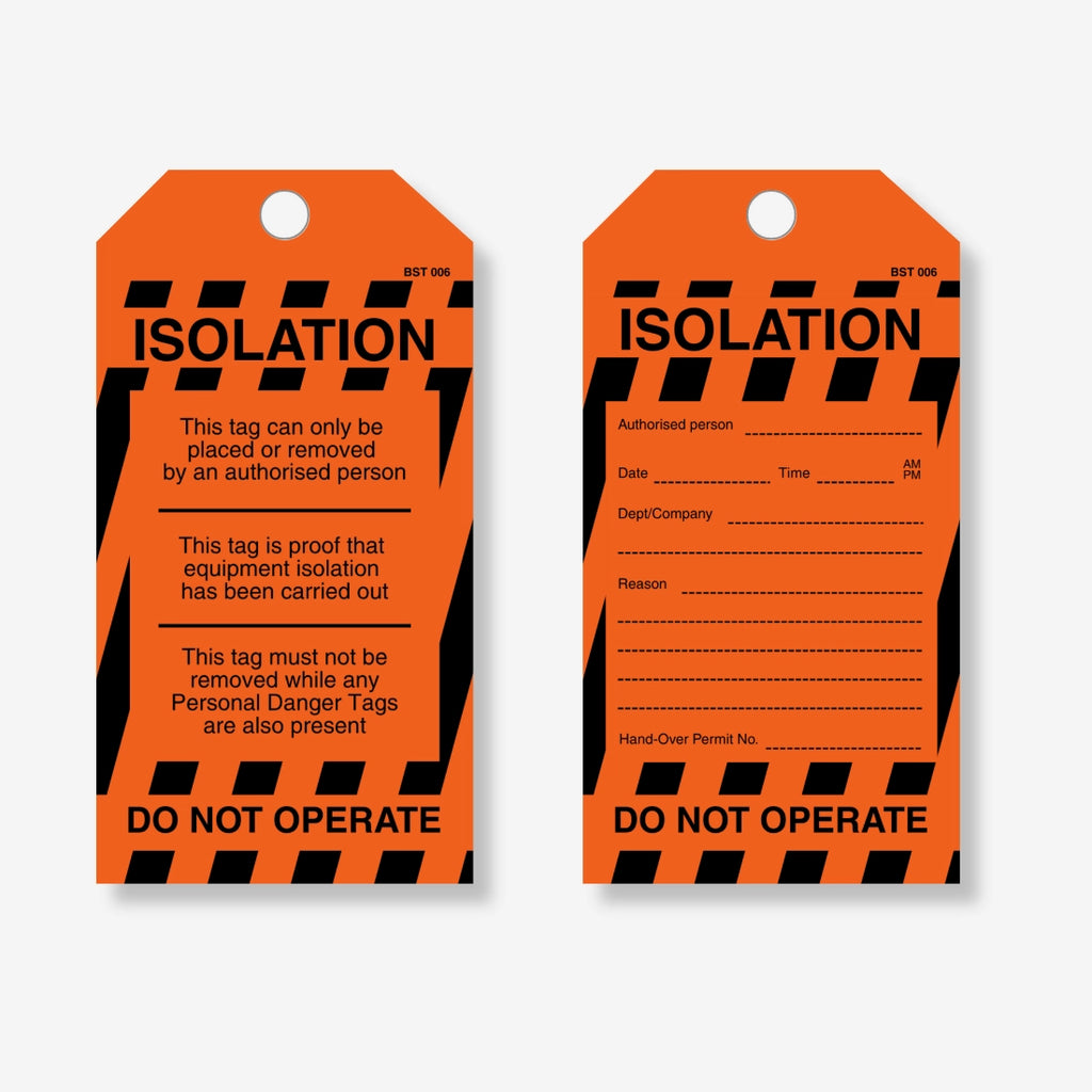 BST 006 Isolation safety tag layflat view displaying text fields for energy isolation documentation
