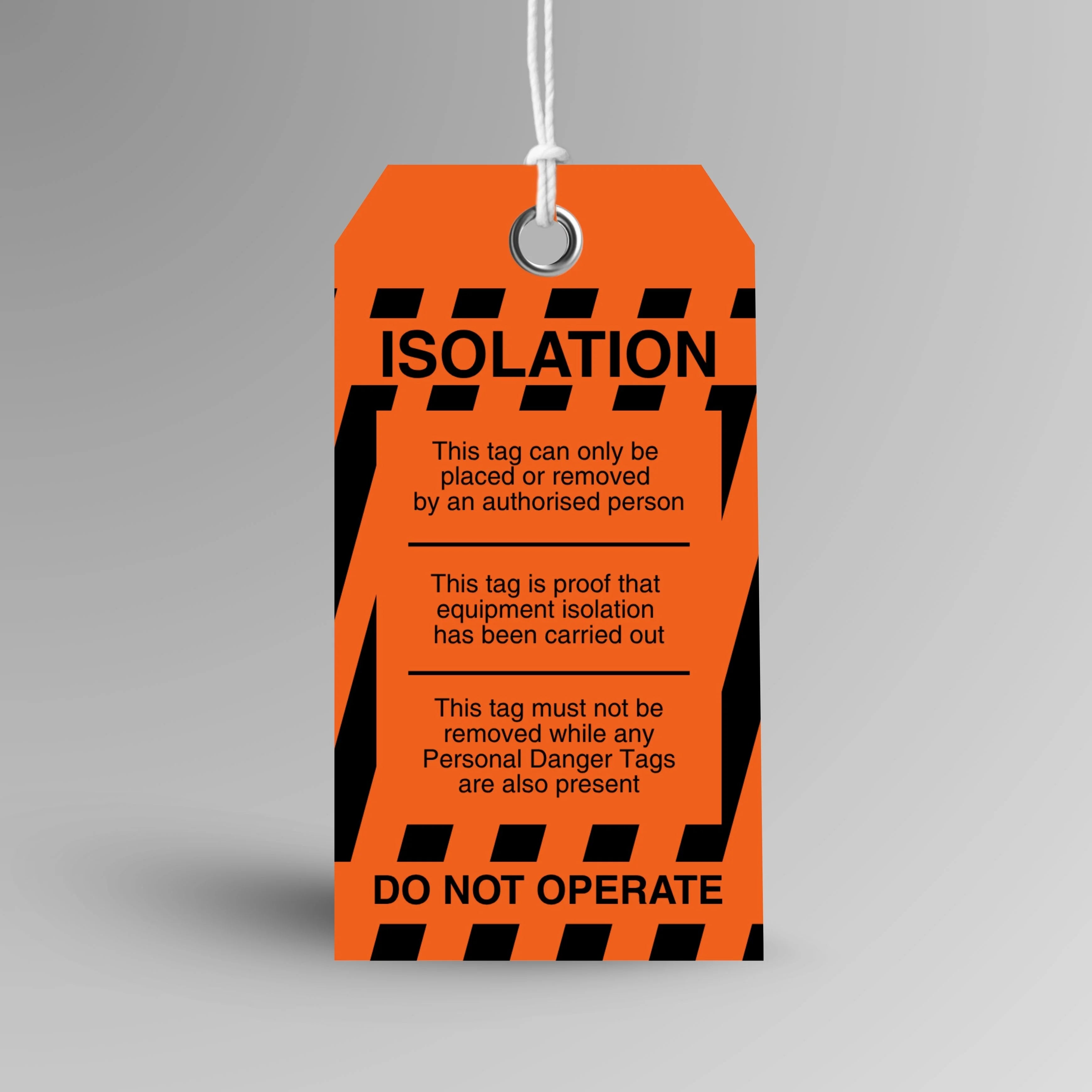 BST 006 Isolation safety tag in orange, upright view showing complete tag design by Brute Safety Products