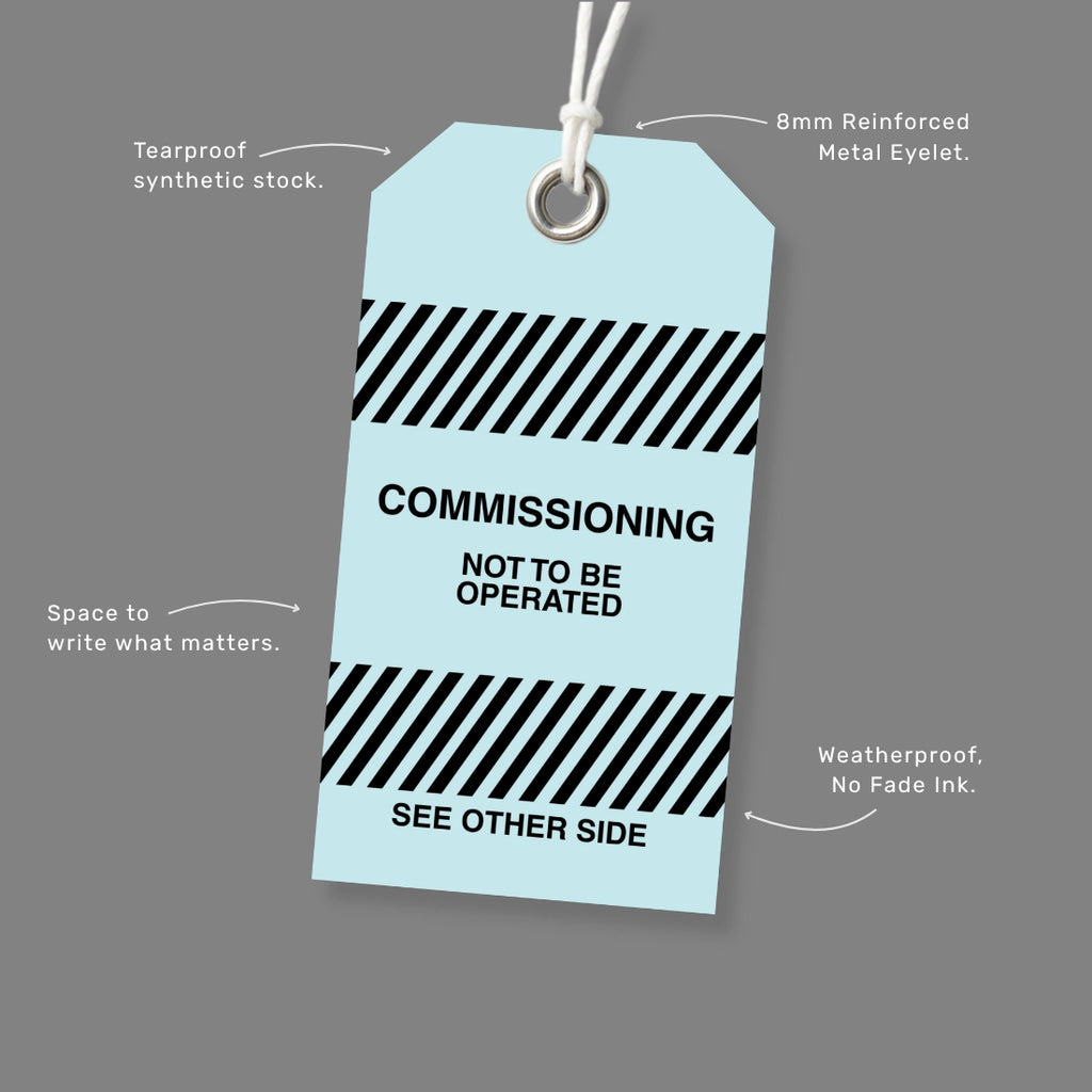 BST 007 safety tag benefits callout highlighting commissioning phase warnings and startup procedures