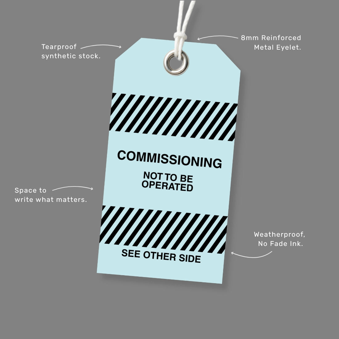 BST 007 safety tag benefits callout highlighting commissioning phase warnings and startup procedures