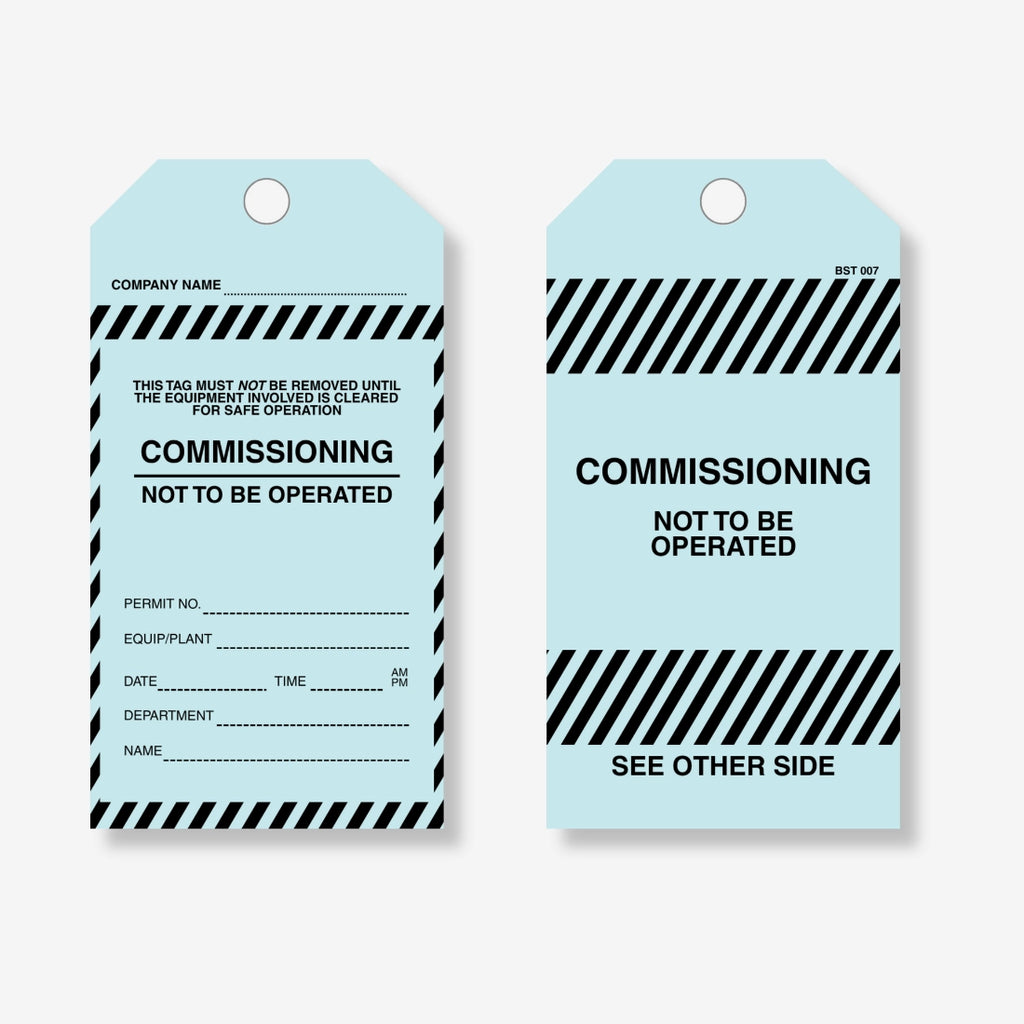 BST 007 Commissioning safety tag layflat view displaying text fields for controlled activation procedures