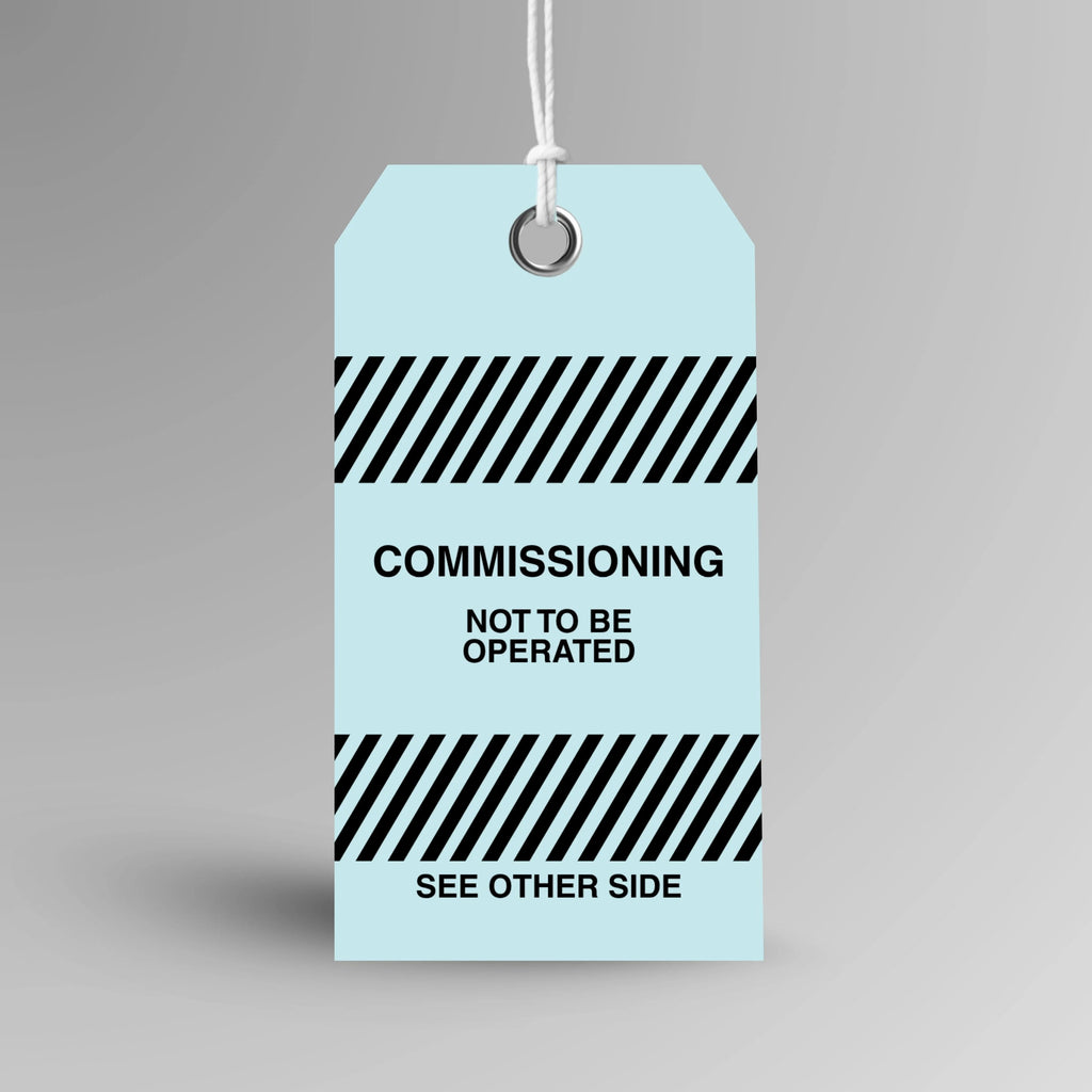 BST 007 Commissioning safety tag in blue, upright view showing complete tag design by Brute Safety Products