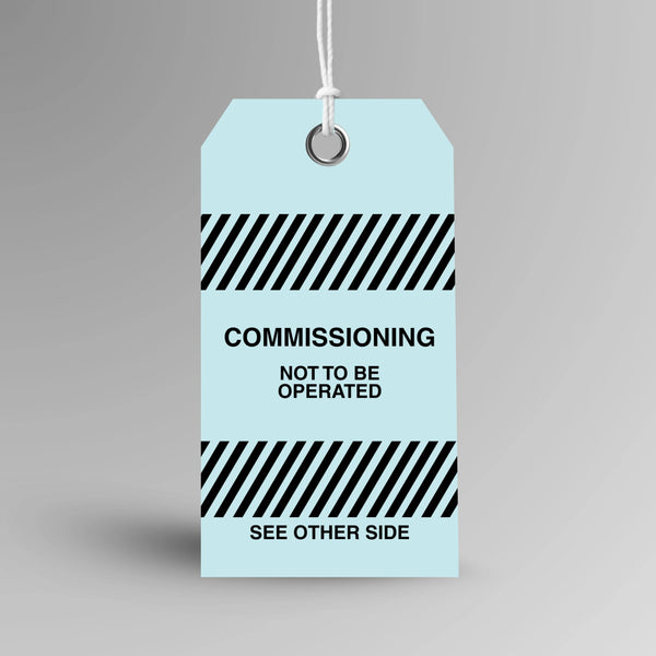 BST 007 Commissioning safety tag in blue, upright view showing complete tag design by Brute Safety Products