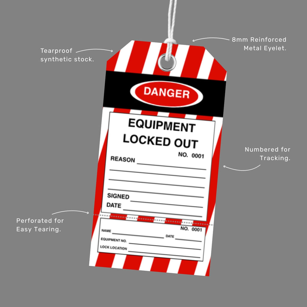 BST 008 safety tag benefits callout highlighting premium durability and harsh environment performance