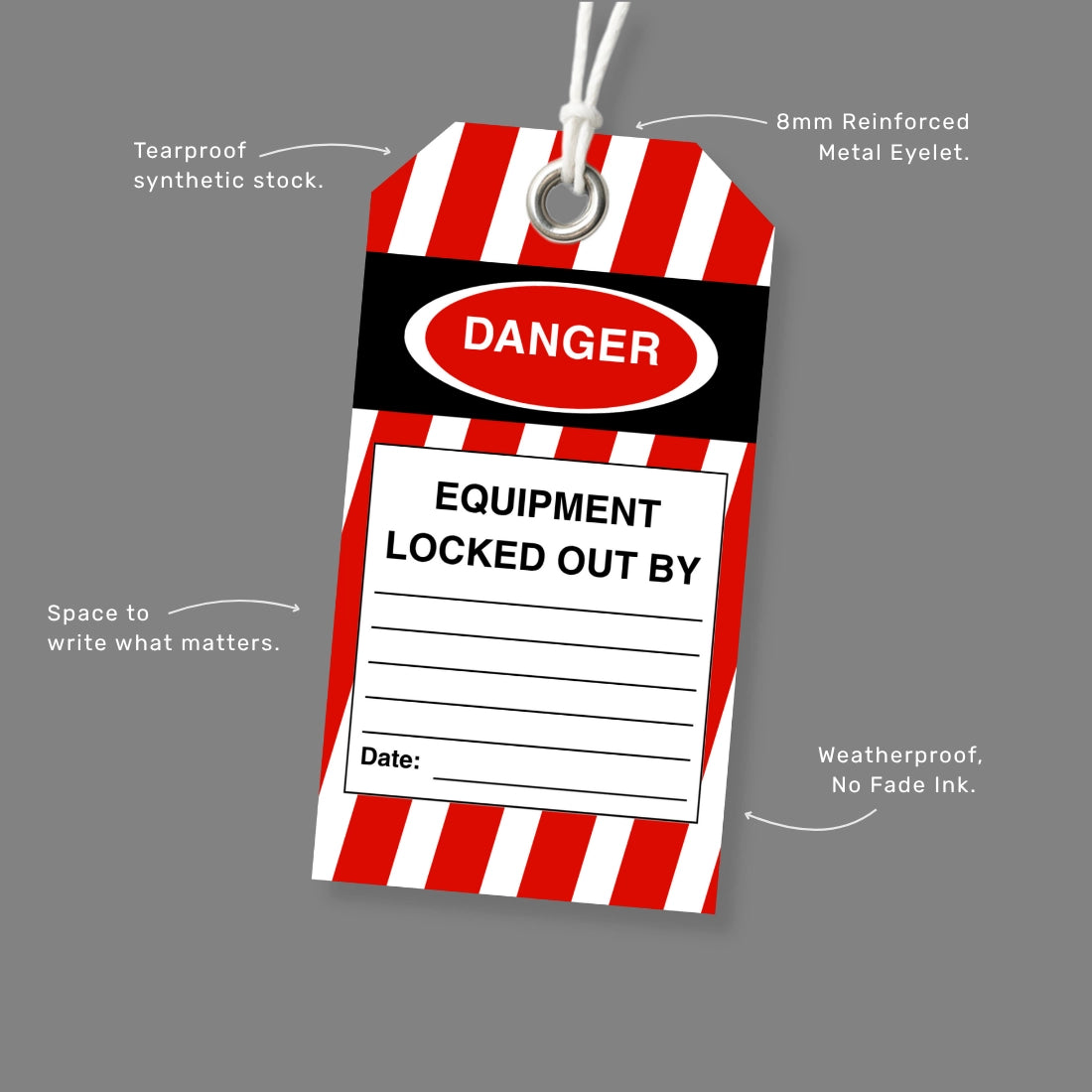 BST 008 safety tag benefits callout highlighting premium durability and harsh environment performance