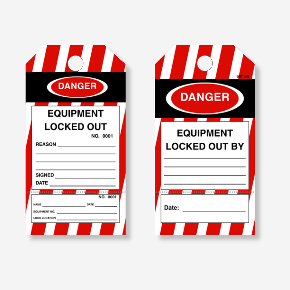 BST 008 Lockout Danger safety tag layflat view displaying reinforced construction and text fields