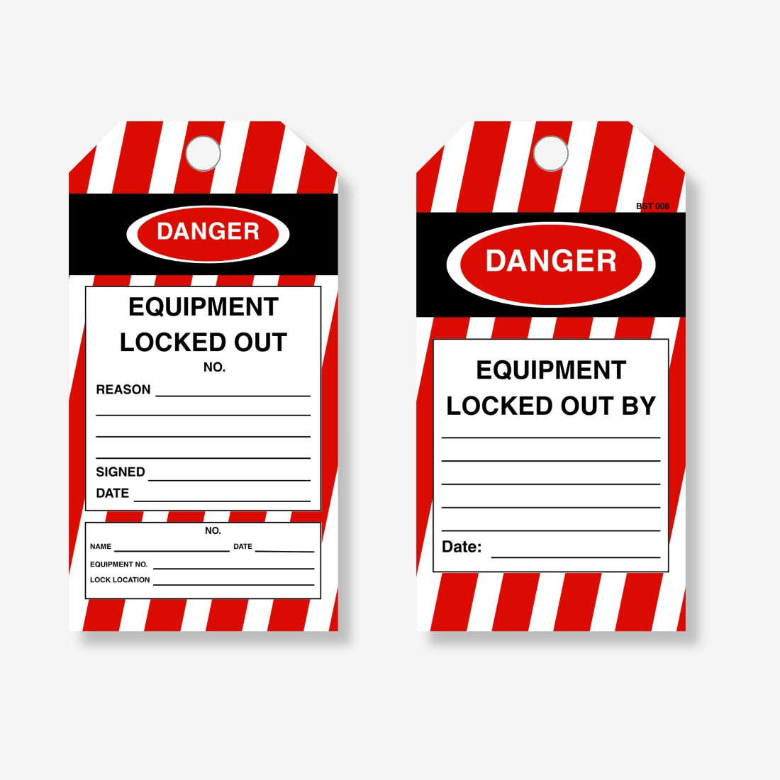BST 008 Lockout Danger safety tag layflat view displaying reinforced construction and text fields
