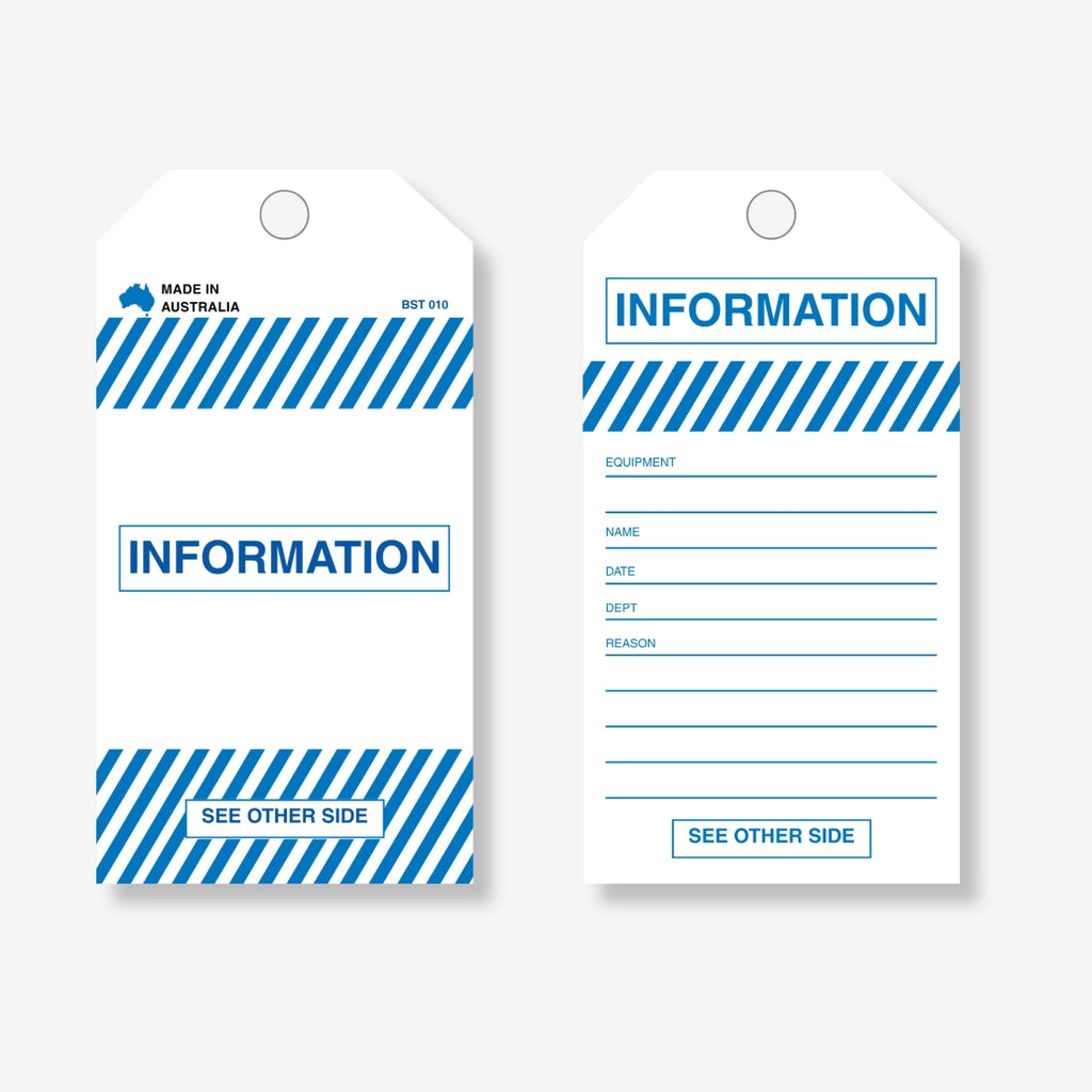 BST 010 Information safety tag layflat view displaying text fields for equipment status and procedures