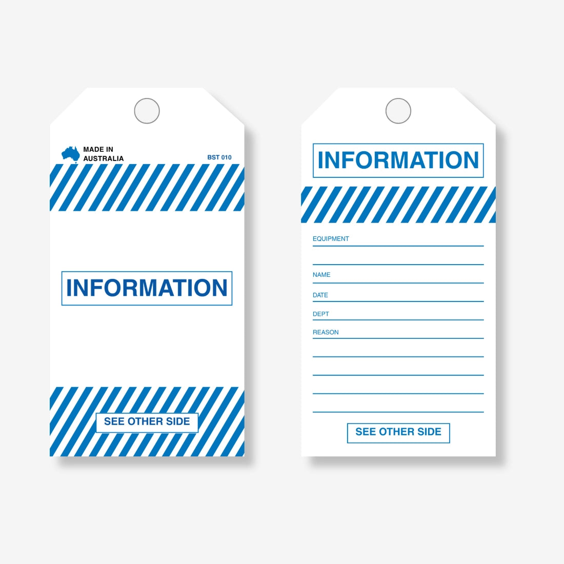 BST 010 Information safety tag layflat view displaying text fields for equipment status and procedures