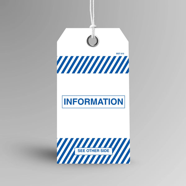 BST 010 Information safety tag in blue, upright view showing complete tag design by Brute Safety Products