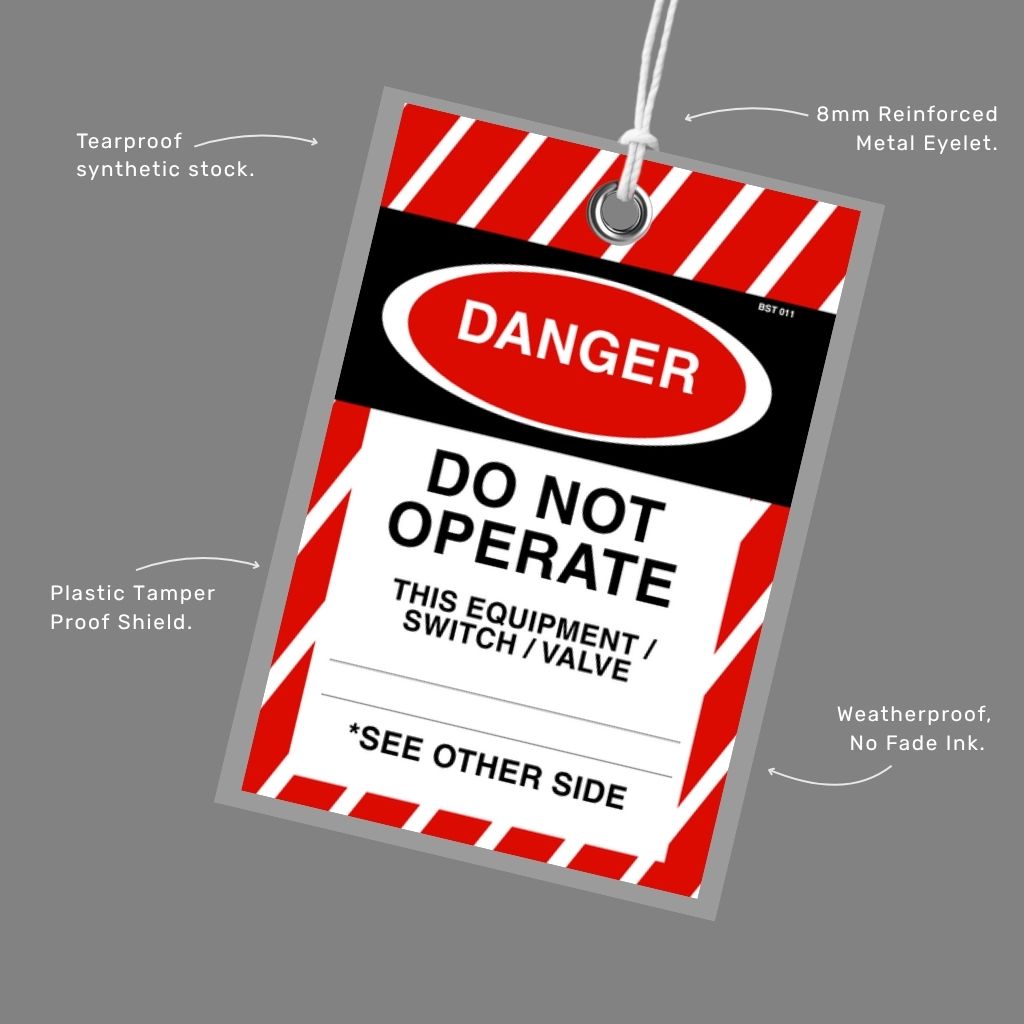Close up of BST 011 Tamper Proof Danger Tag highlighting tamper resistant construction and tear proof material that prevents unauthorised tag removal during lockout procedures
