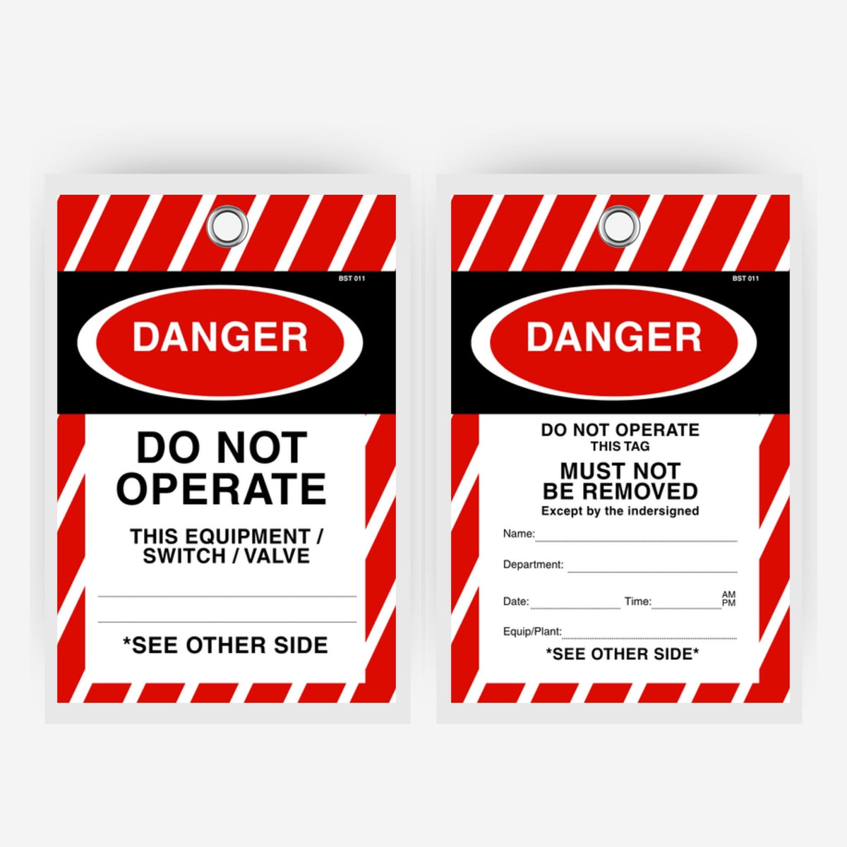 BST 011 Tamper Proof Danger Tag laid flat showing complete tag dimensions of 135 x 90 mm with red background and danger messaging fields ready for equipment details