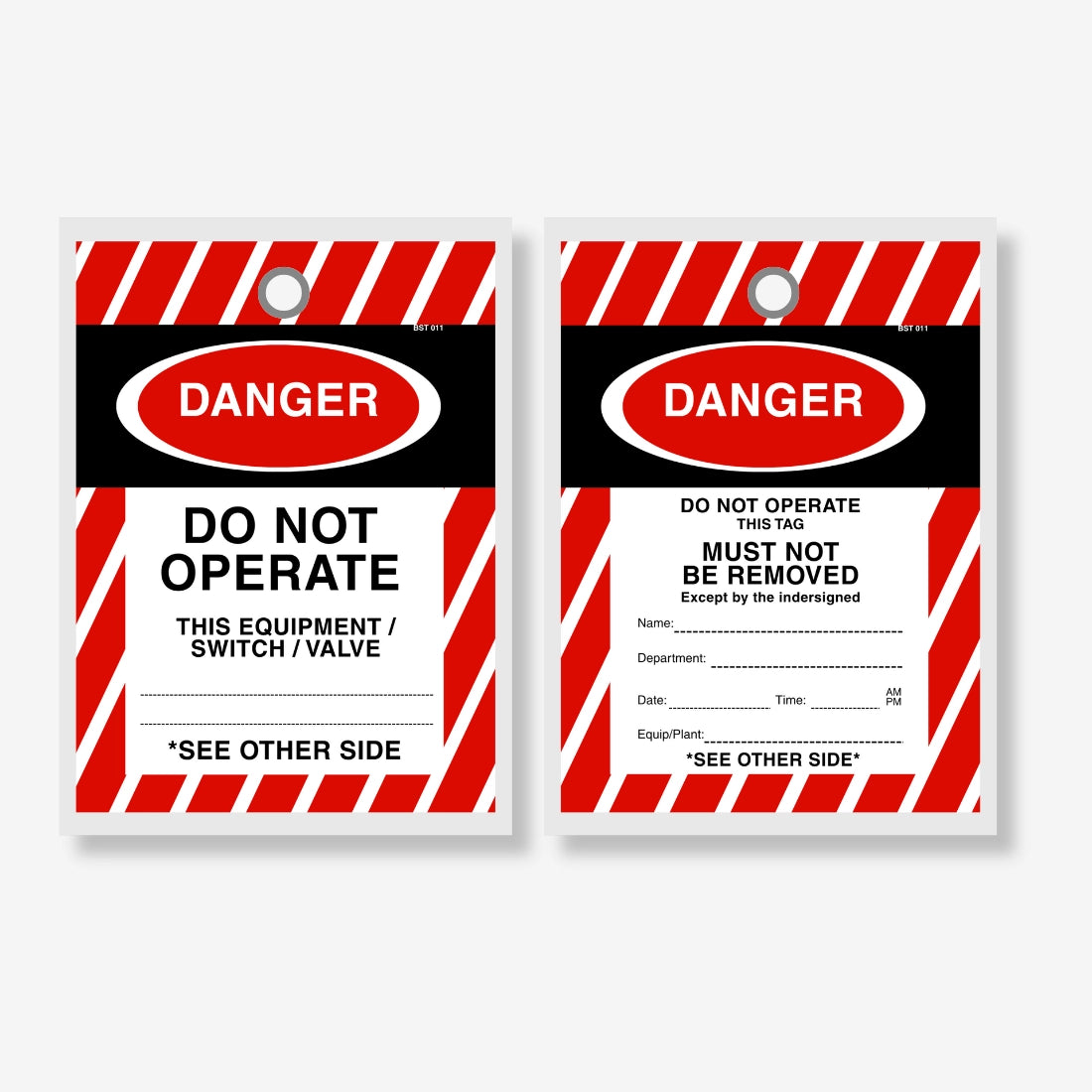  BST 011 Tamper Proof Danger Tag laid flat showing complete tag dimensions of 135 x 90 mm with red background and danger messaging fields ready for equipment details
