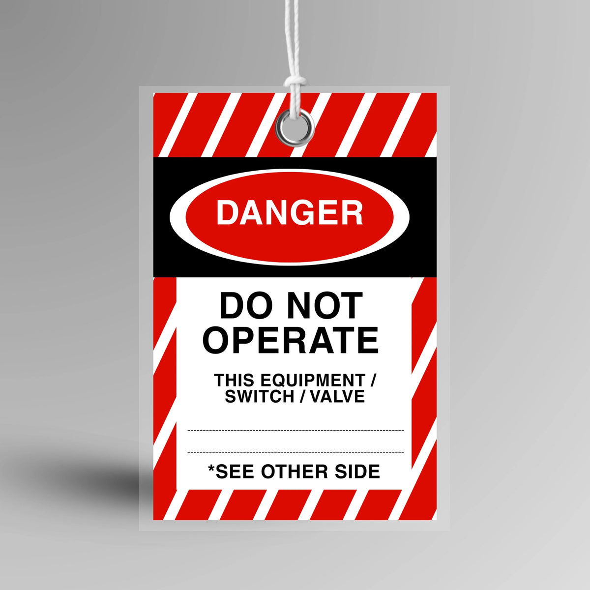 Red BST 011 Tamper Proof Danger Tag shown upright displaying bold danger warning text and secure attachment point