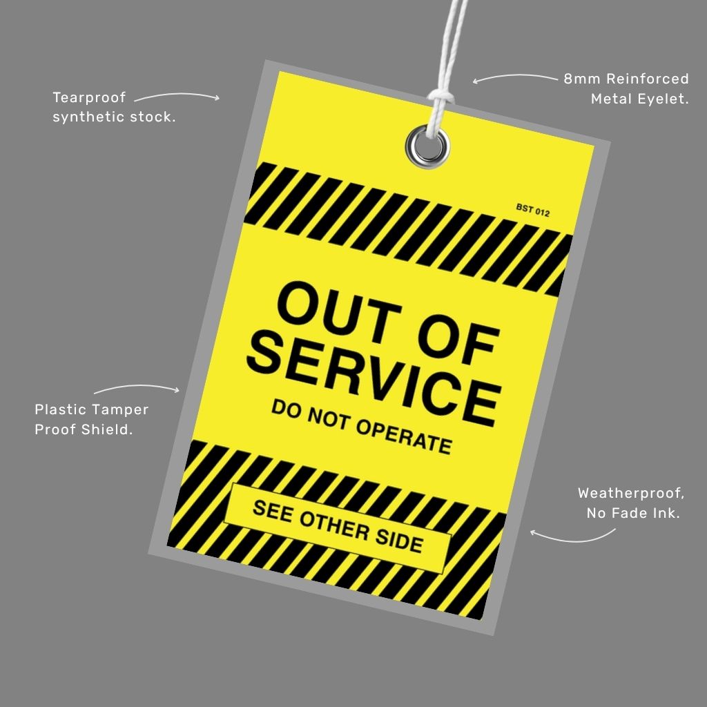 Detail view of BST 012 Tamper Proof Out of Service Tag demonstrating secure attachment system and tamper evident design that prevents removal during maintenance periods