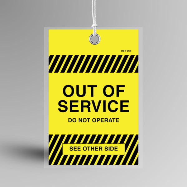 Yellow BST 012 Tamper Proof Out of Service Tag displayed upright showing clear out of service text and attachment hole