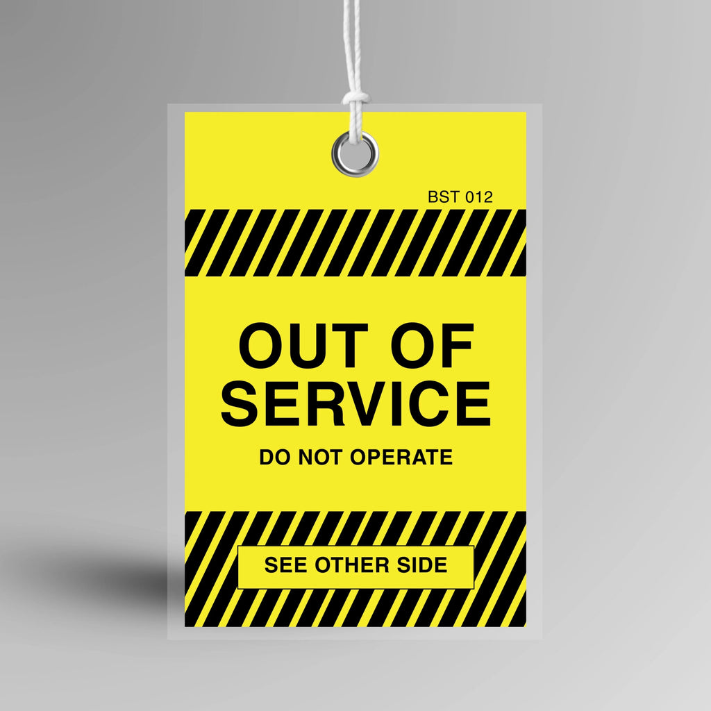 Yellow BST 012 Tamper Proof Out of Service Tag displayed upright showing clear out of service text and attachment hole