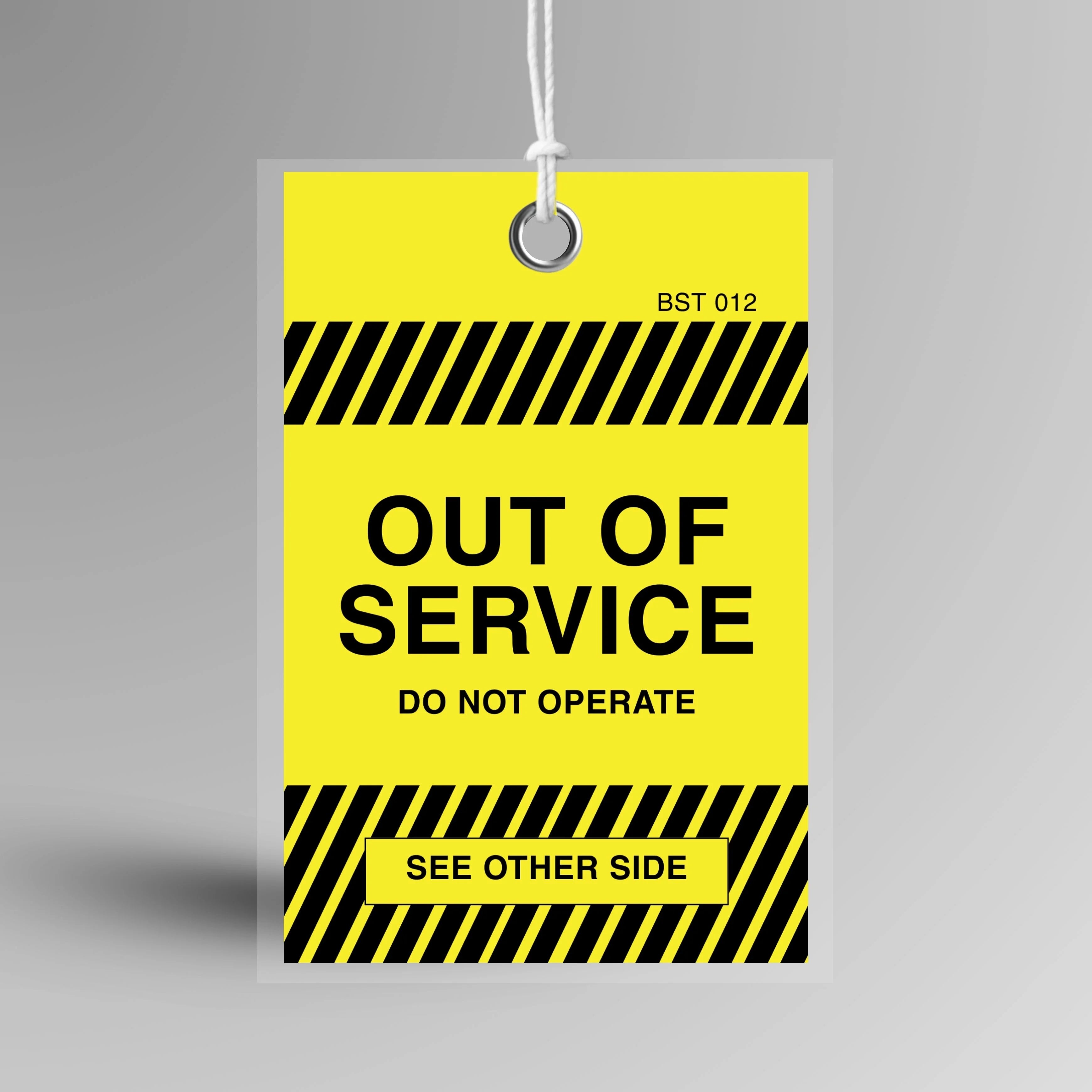 Yellow BST 012 Tamper Proof Out of Service Tag displayed upright showing clear out of service text and attachment hole