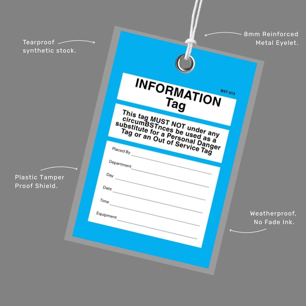 Close up of BST 013 Tamper Proof Information Tag featuring tamper resistant material and secure attachment method that prevents unauthorised tag removal from equipment