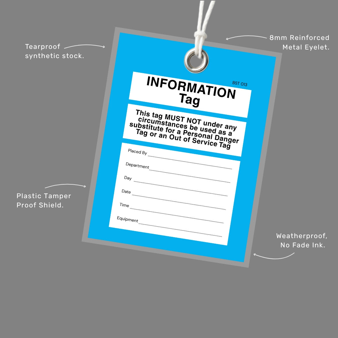 Close up of BST 013 Tamper Proof Information Tag featuring tamper resistant material and secure attachment method that prevents unauthorised tag removal from equipment