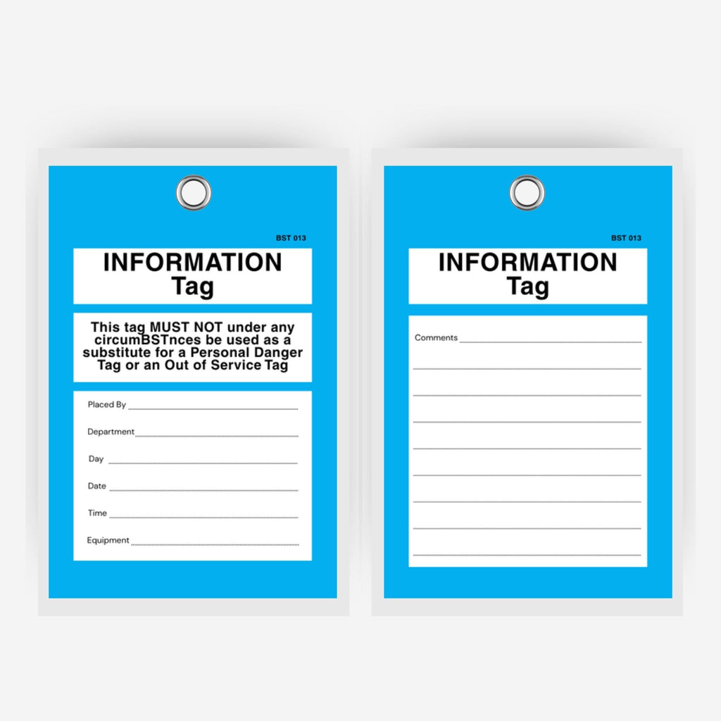 BST 013 Tamper Proof Information Tag laid flat showing complete tag measuring 135 x 90 mm with blue background and writing areas for equipment details and instructions