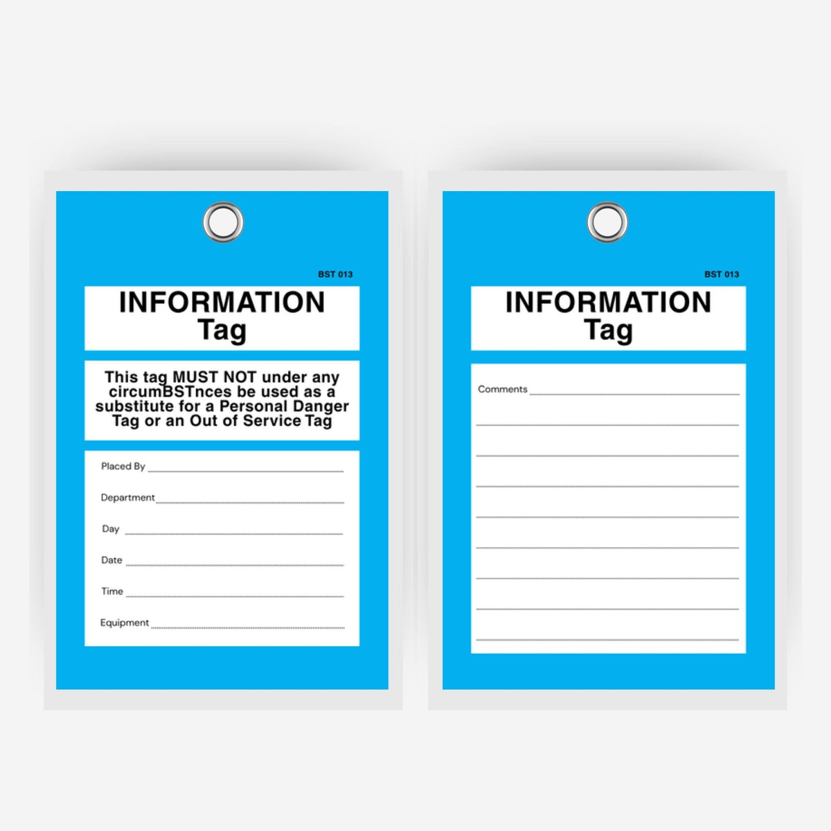 BST 013 Tamper Proof Information Tag laid flat showing complete tag measuring 135 x 90 mm with blue background and writing areas for equipment details and instructions