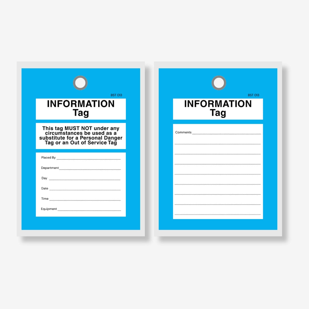 BST 013 Tamper Proof Information Tag laid flat showing complete tag measuring 135 x 90 mm with blue background and writing areas for equipment details and instructions