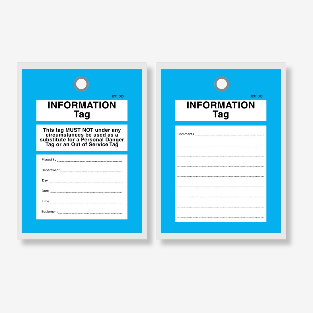 BST 013 Tamper Proof Information Tag laid flat showing complete tag measuring 135 x 90 mm with blue background and writing areas for equipment details and instructions