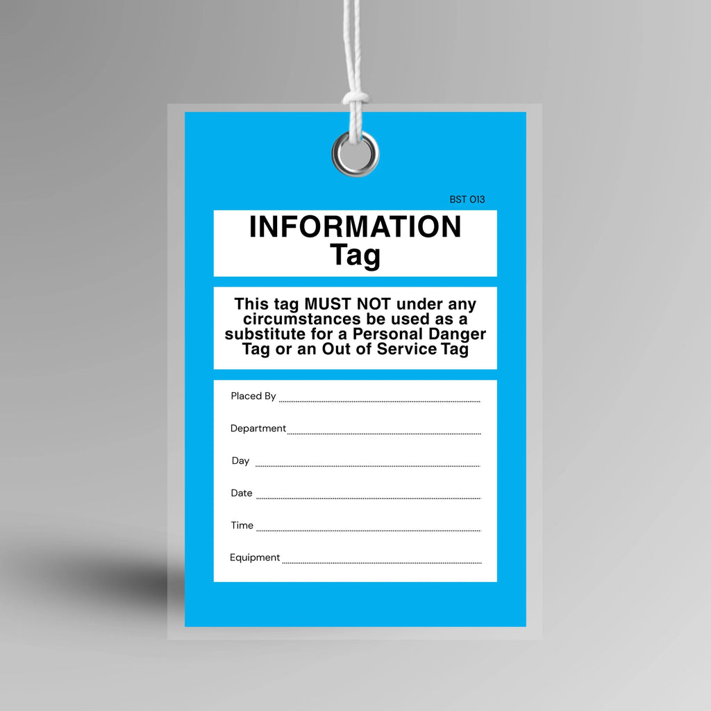 Blue BST 013 Tamper Proof Information Tag shown upright displaying information header and secure fastening point