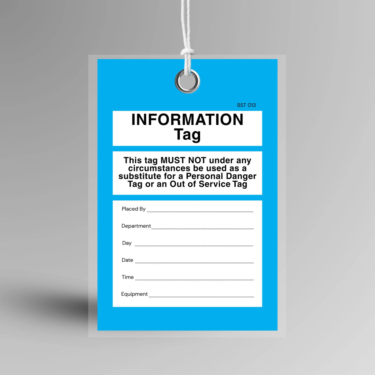 Blue BST 013 Tamper Proof Information Tag shown upright displaying information header and secure fastening point
