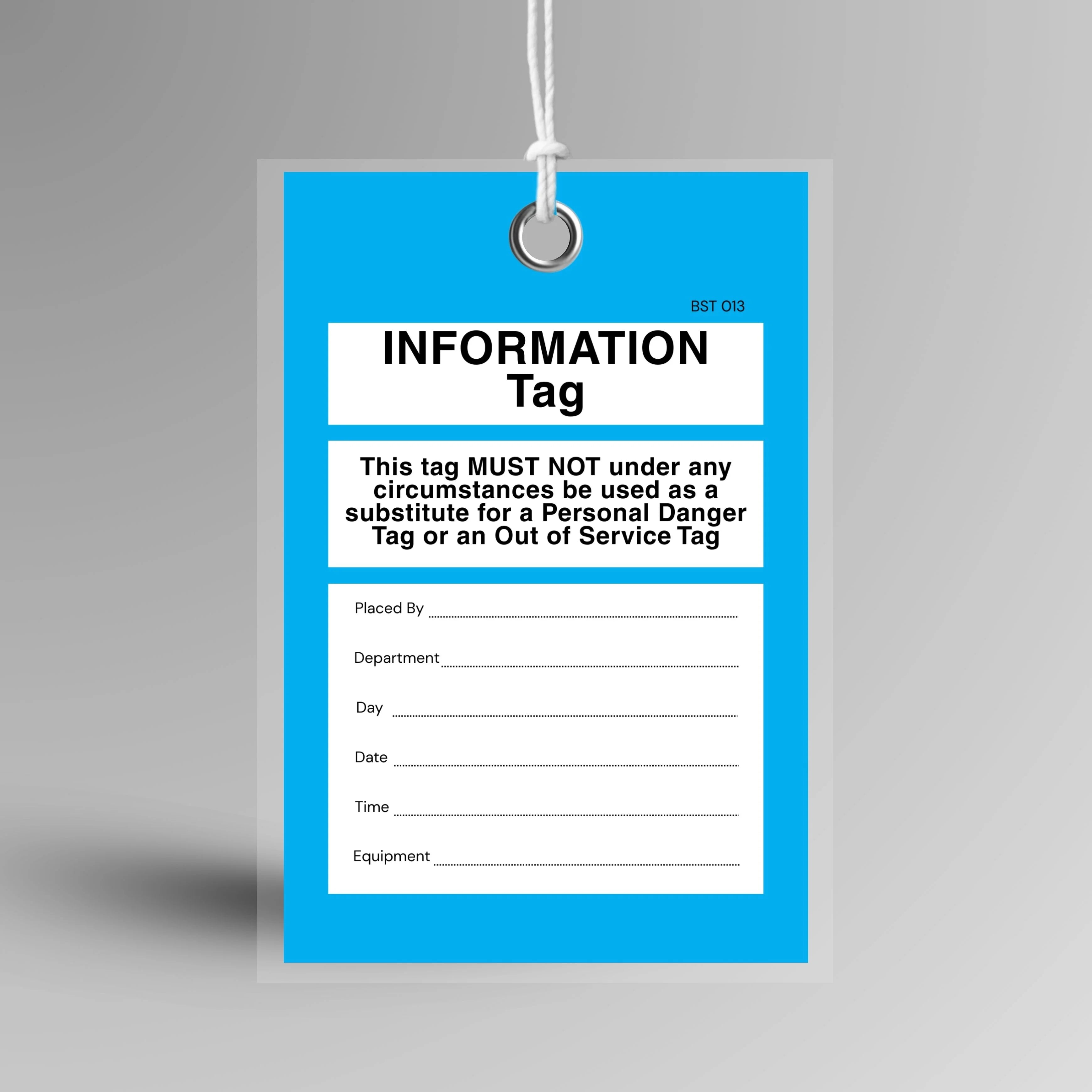 Blue BST 013 Tamper Proof Information Tag shown upright displaying information header and secure fastening point