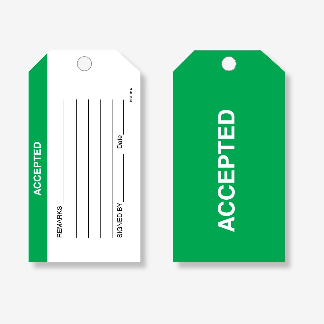 BST 014 Accepted safety tag layflat view displaying text fields for inspection approval documentation