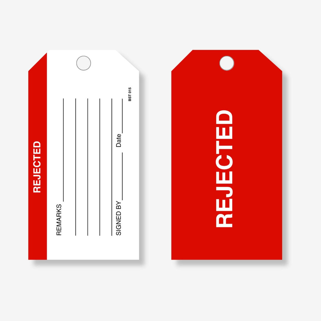 BST 015 Rejected safety tag layflat view displaying text fields for failure documentation and repair notes