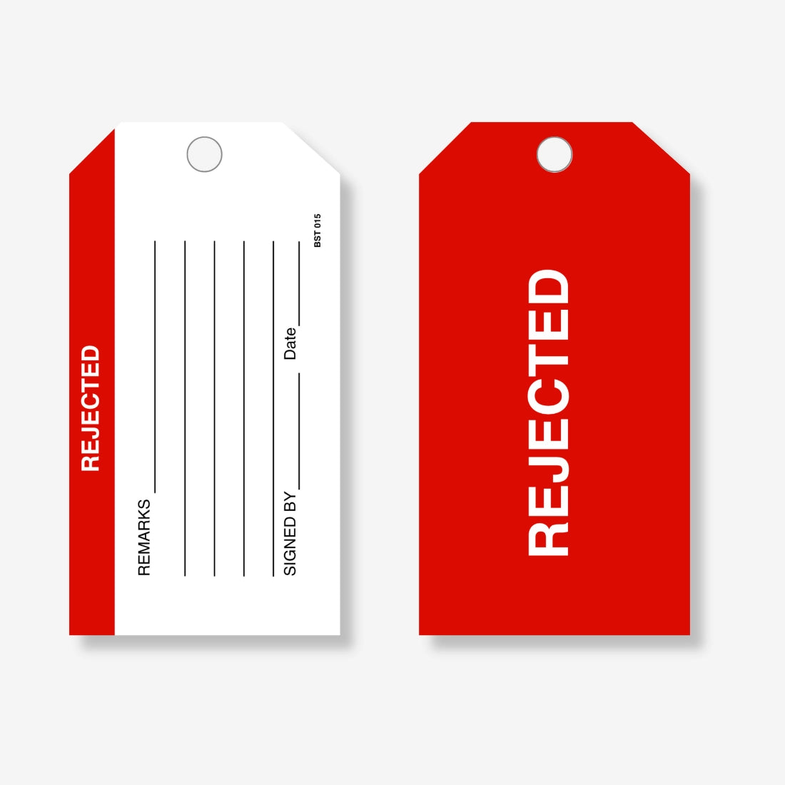 BST 015 Rejected safety tag layflat view displaying text fields for failure documentation and repair notes